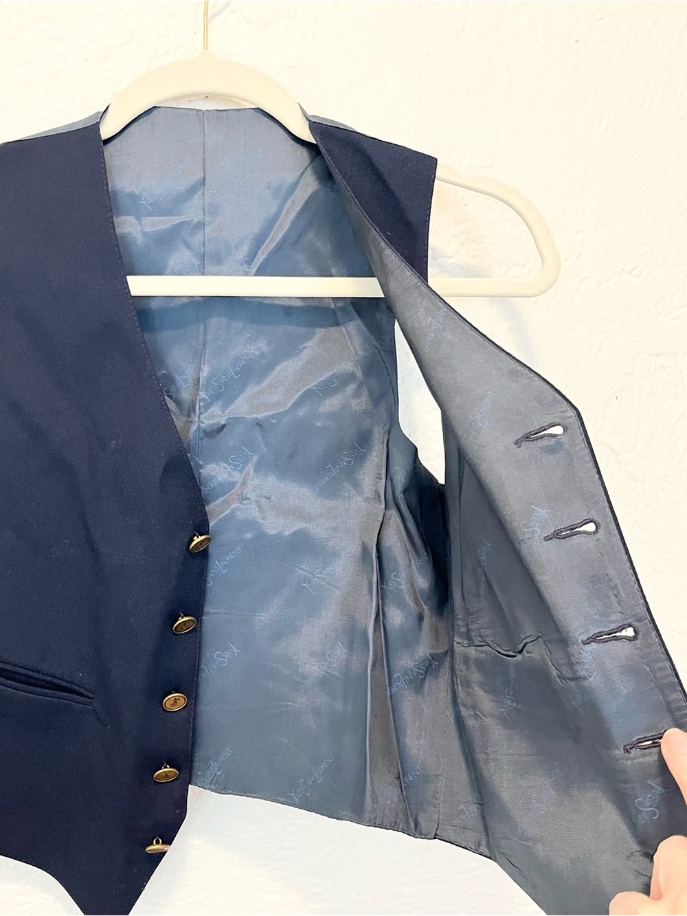 Vintage Yves Saint Laurent YSL Vest Navy Blue Brass Buttons XS Extra Small - Picture 9 of 14